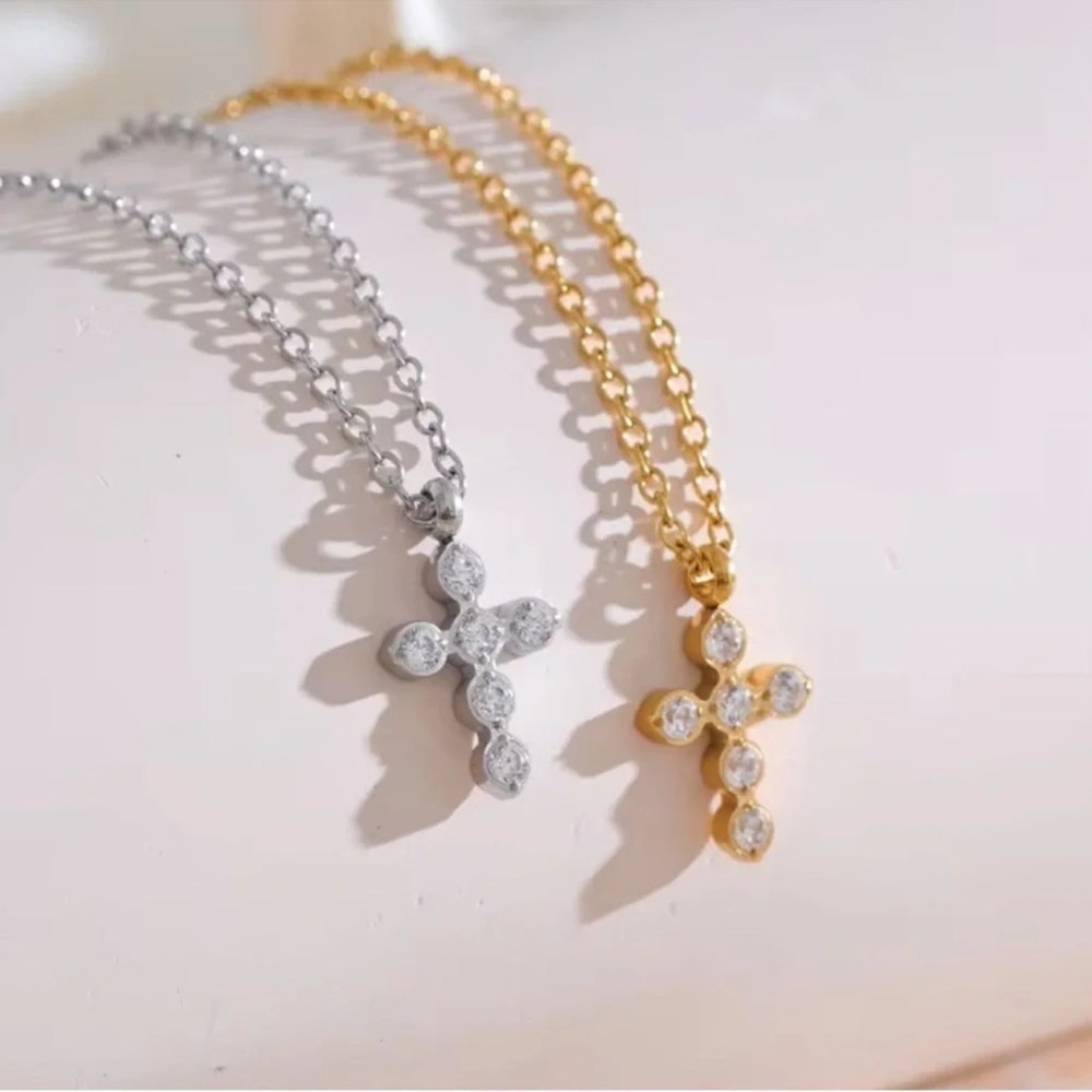 Anthropologie Barbara Cross Silver Stainless Steel Waterproof Necklace - Picture 2 of 10